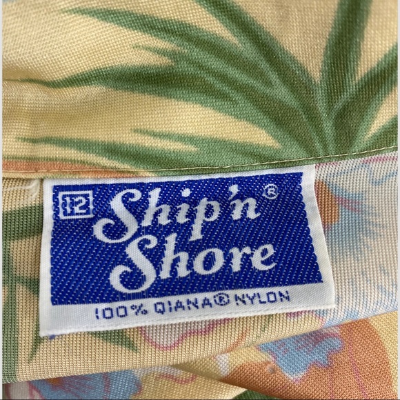 Vintage Pale Yellow Bird Palm Tree Hawaiian Coconut Girl Button Down - Picture 6 of 9